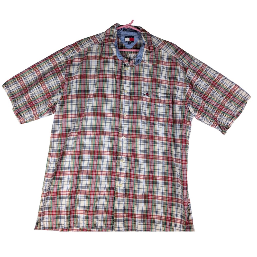 Tommy Hilfiger Men's XL Short Sleeve Plaid Button-Down Shirt Cotton Multi-Color